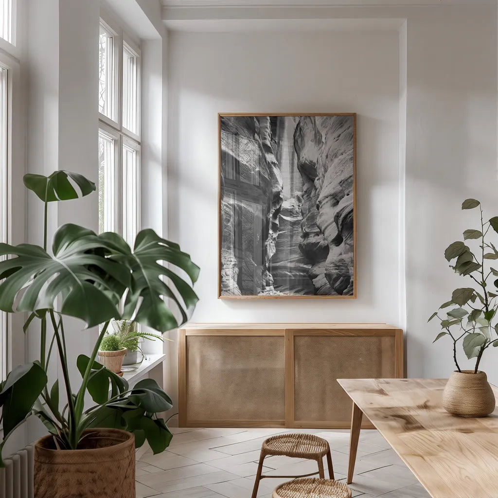 Buckskin Gulch IV BW by Alan Majchrowicz. shown as a print in a natural wood frame in a dining room. Available as a archival giclee rolled canvas, fine art paper, or poster print. SKU 53663h.