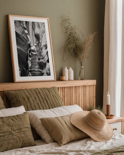 Buckskin Gulch IV BW by Alan Majchrowicz. shown as a paper print in a natural frame. Available as a archival giclee rolled canvas, fine art paper, or poster print. SKU 53663h.