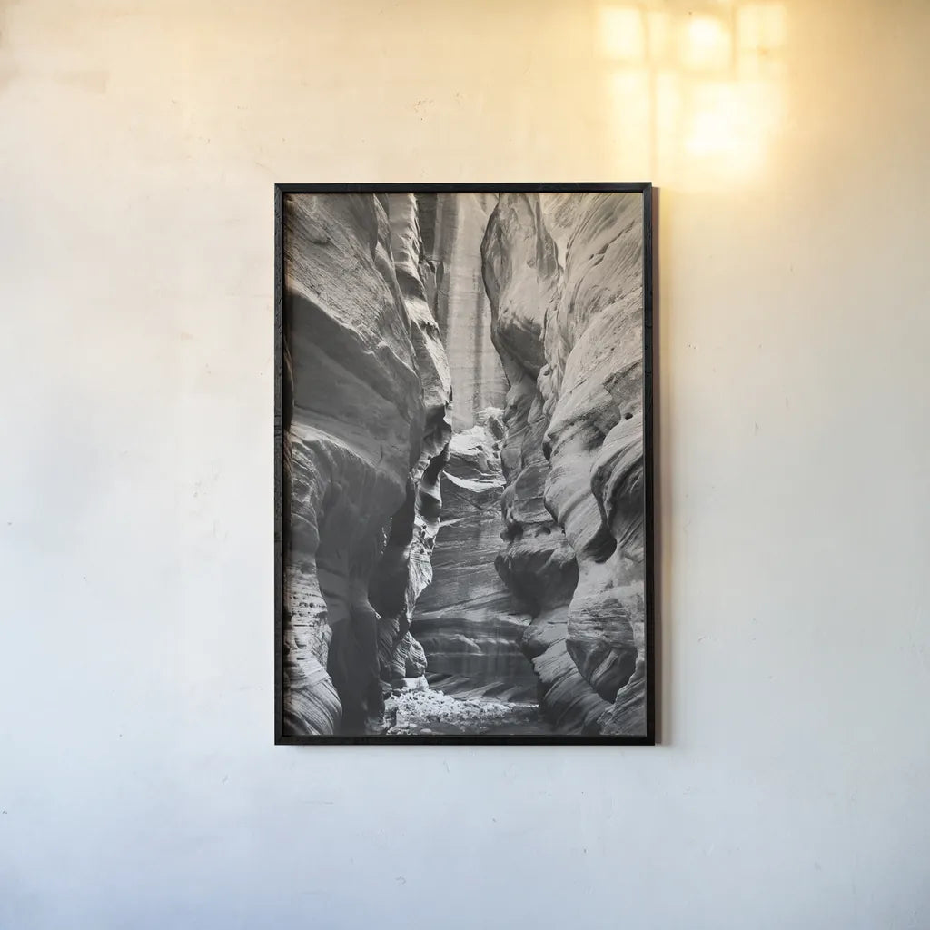 Buckskin Gulch IV BW by Alan Majchrowicz. shown as a paper print in a black flame. Available as a archival giclee rolled canvas, fine art paper, or poster print. SKU 53663h.