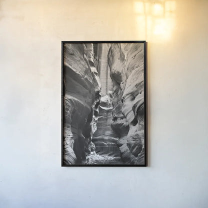 Buckskin Gulch IV BW by Alan Majchrowicz. shown as a paper print in a black flame. Available as a archival giclee rolled canvas, fine art paper, or poster print. SKU 53663h.