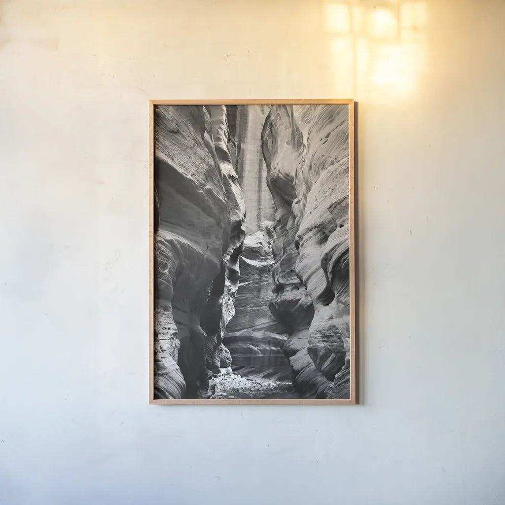 Buckskin Gulch IV BW by Alan Majchrowicz. shown as a paper print in a natural frame. Available as a archival giclee rolled canvas, fine art paper, or poster print. SKU 53663h.