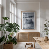 California Coast by Alan Majchrowicz. shown as a print in a natural wood frame in a dining room. Available as a archival giclee rolled canvas, fine art paper, or poster print. SKU 33907h.