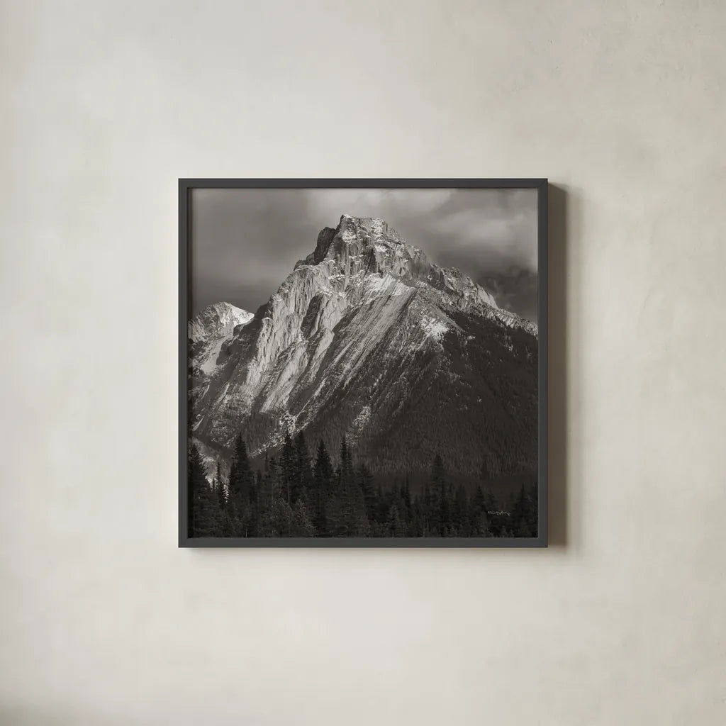 Canadian Rockies by Alan Majchrowicz. Shown in a sleek black glass frame for a contemporary gallery look. Available as an archival giclee rolled canvas, fine art paper, or poster print. SKU 89102a.