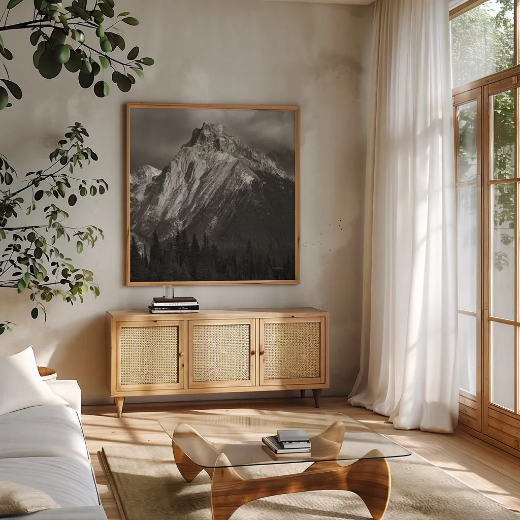 Canadian Rockies by Alan Majchrowicz. Shown in a natural wood frame in a cozy modern living room. Available as an archival giclee rolled canvas, fine art paper, or poster print. SKU 89102a.