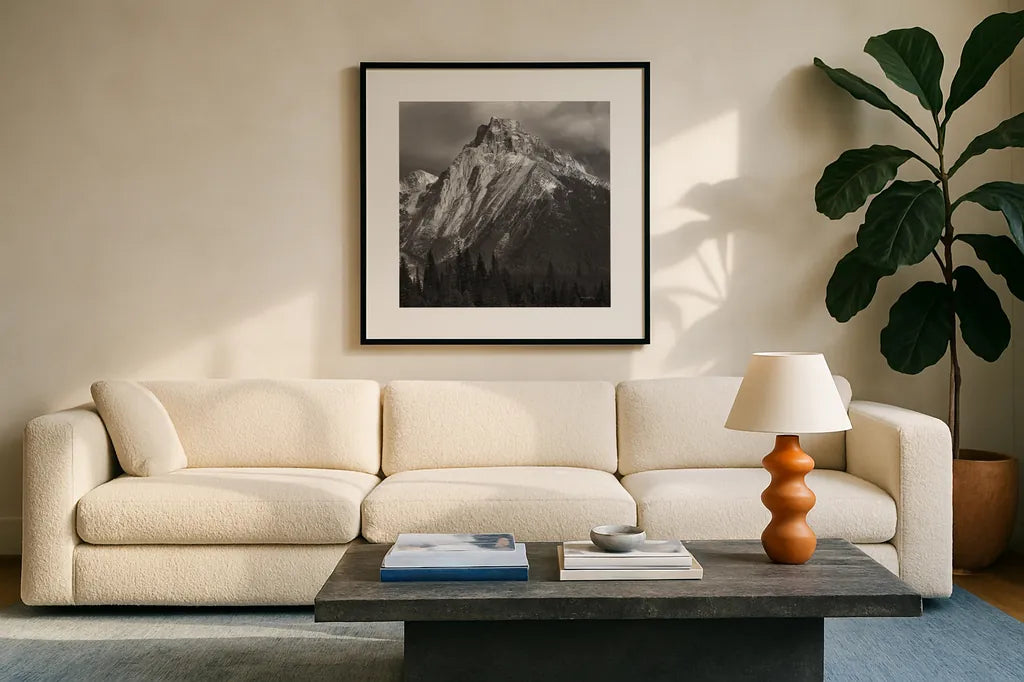 Canadian Rockies by Alan Majchrowicz. Displayed in a glass frame with matte in a clean modern living room. Available as an archival giclee rolled canvas, fine art paper, or poster print. SKU 89102a.