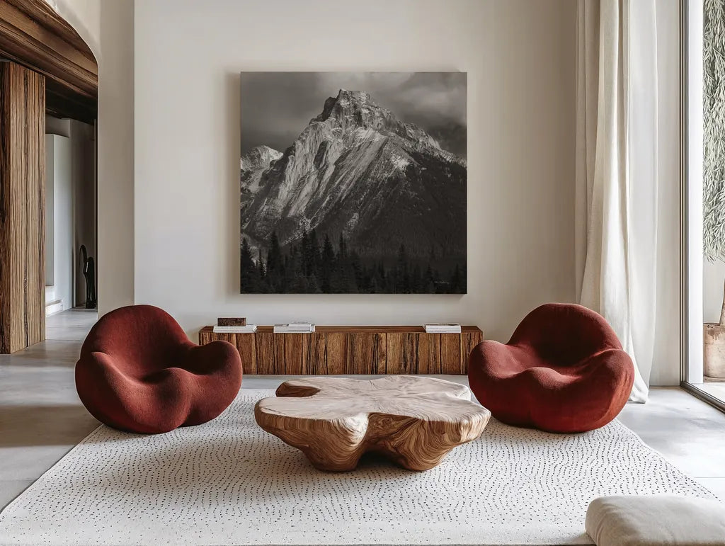 Canadian Rockies by Alan Majchrowicz. Shown as extra-large giant wall art in a modern living room. Available as an archival giclee rolled canvas, fine art paper, or poster print. SKU 89102a.
