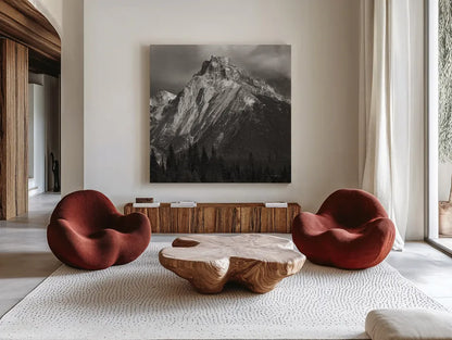 Canadian Rockies by Alan Majchrowicz. Shown as extra-large giant wall art in a modern living room. Available as an archival giclee rolled canvas, fine art paper, or poster print. SKU 89102a.