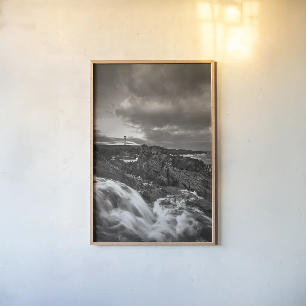 Cape Race Lighthouse by Alan Majchrowicz. shown as a paper print in a natural frame. Available as a archival giclee rolled canvas, fine art paper, or poster print. SKU 88892h.