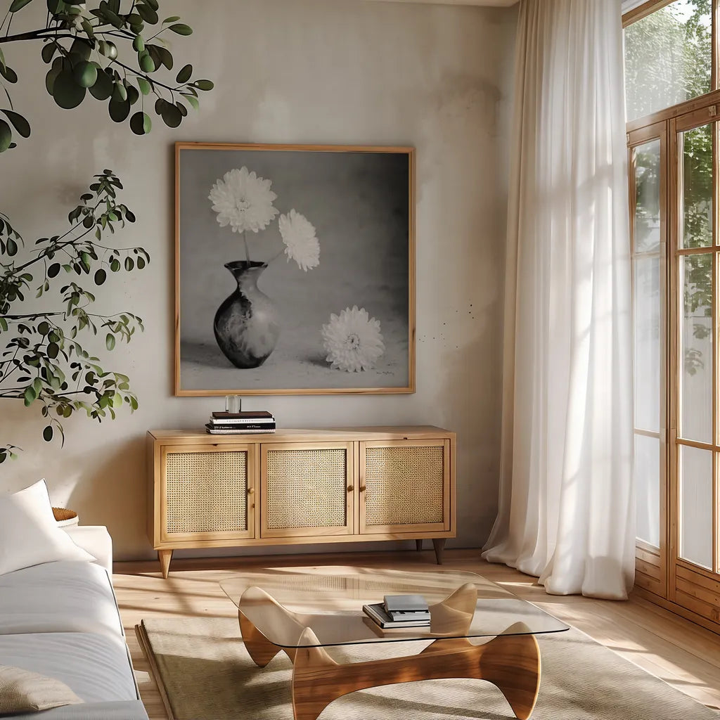 Chrysanthemum I by Alan Majchrowicz. Shown in a natural wood frame in a cozy modern living room. Available as an archival giclee rolled canvas, fine art paper, or poster print. SKU 44145a.