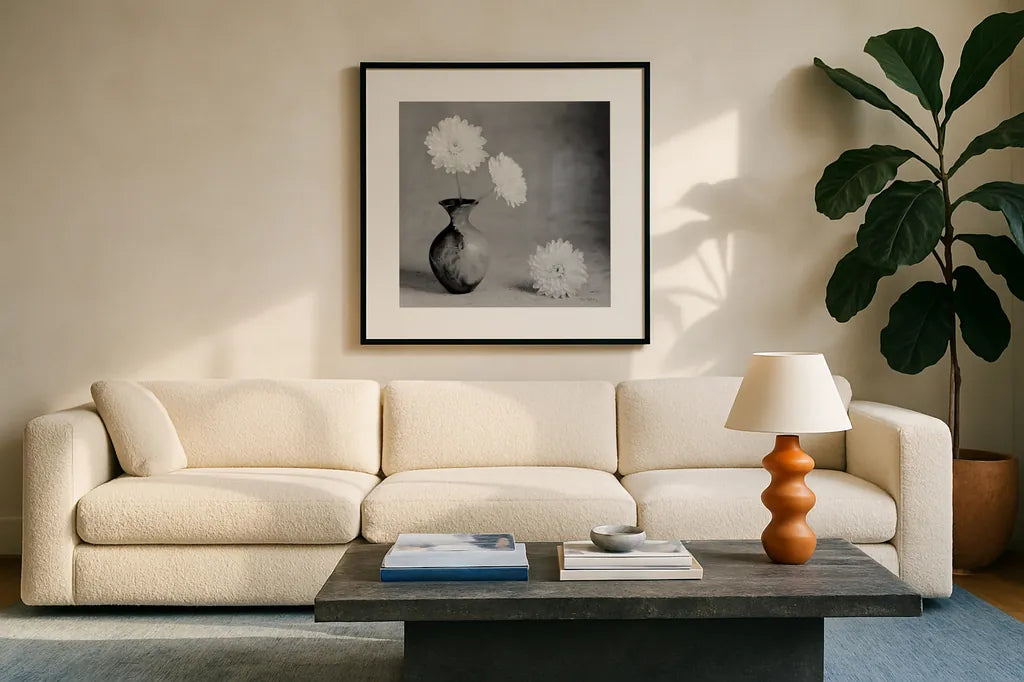 Chrysanthemum I by Alan Majchrowicz. Displayed in a glass frame with matte in a clean modern living room. Available as an archival giclee rolled canvas, fine art paper, or poster print. SKU 44145a.