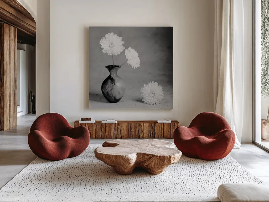 Chrysanthemum I by Alan Majchrowicz. Shown as extra-large giant wall art in a modern living room. Available as an archival giclee rolled canvas, fine art paper, or poster print. SKU 44145a.