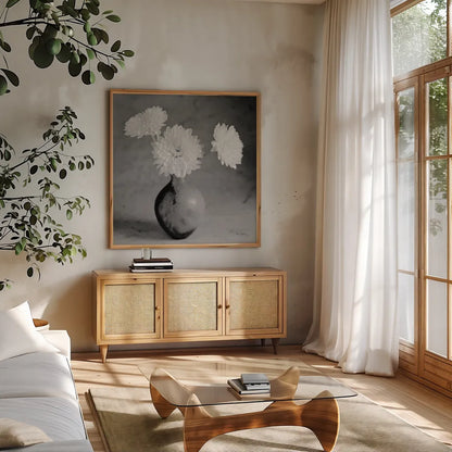 Chrysanthemum IV by Alan Majchrowicz. Shown in a natural wood frame in a cozy modern living room. Available as an archival giclee rolled canvas, fine art paper, or poster print. SKU 100518a.