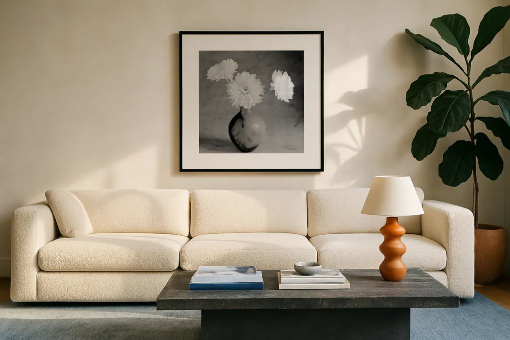 Chrysanthemum IV by Alan Majchrowicz. Displayed in a glass frame with matte in a clean modern living room. Available as an archival giclee rolled canvas, fine art paper, or poster print. SKU 100518a.