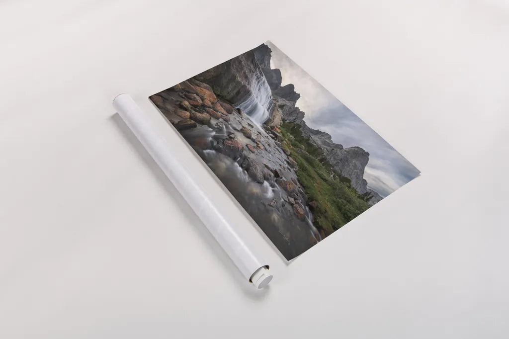 Cirque of the Towers Waterfall by Alan Majchrowicz. shown as a rolled paper print. Available as archival giclee rolled canvas, fine art paper, or poster print. SKU 84029i.