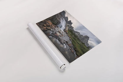 Cirque of the Towers Waterfall by Alan Majchrowicz. shown as a rolled paper print. Available as archival giclee rolled canvas, fine art paper, or poster print. SKU 84029i.