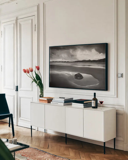 Clearing Storm on Washington Coast III by Alan Majchrowicz. shown as a framed stretched canvas in a living room above a console. Available as a archival giclee rolled canvas, fine art paper, or poster print. SKU 33646i.