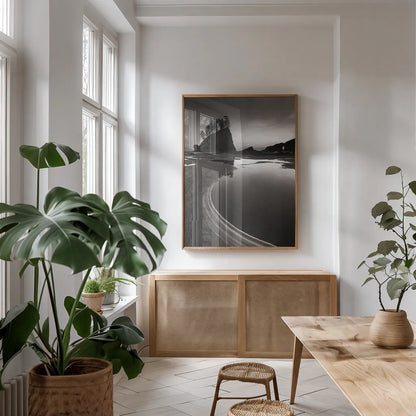 Coastal Evening by Alan Majchrowicz. shown as a print in a natural wood frame in a dining room. Available as a archival giclee rolled canvas, fine art paper, or poster print. SKU 64539h.