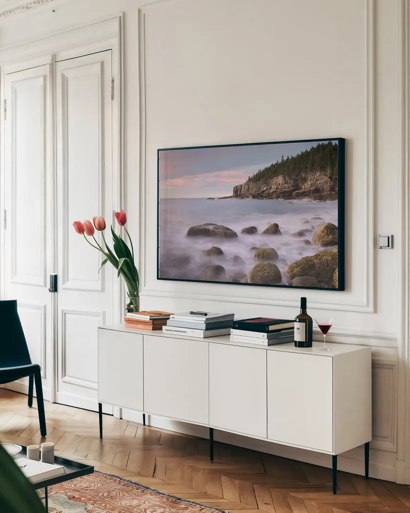 Cobblestone Beach by Alan Majchrowicz. shown as a framed stretched canvas in a living room above a console. Available as a archival giclee rolled canvas, fine art paper, or poster print. SKU 77219i.