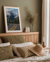 Colonial Peak and North Cascades Highway by Alan Majchrowicz. shown as a paper print in a natural frame. Available as a archival giclee rolled canvas, fine art paper, or poster print. SKU 101143h.