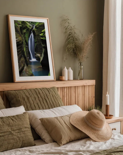 Corkscrew Falls Ohio by Alan Majchrowicz. shown as a paper print in a natural frame. Available as a archival giclee rolled canvas, fine art paper, or poster print. SKU 50159h.