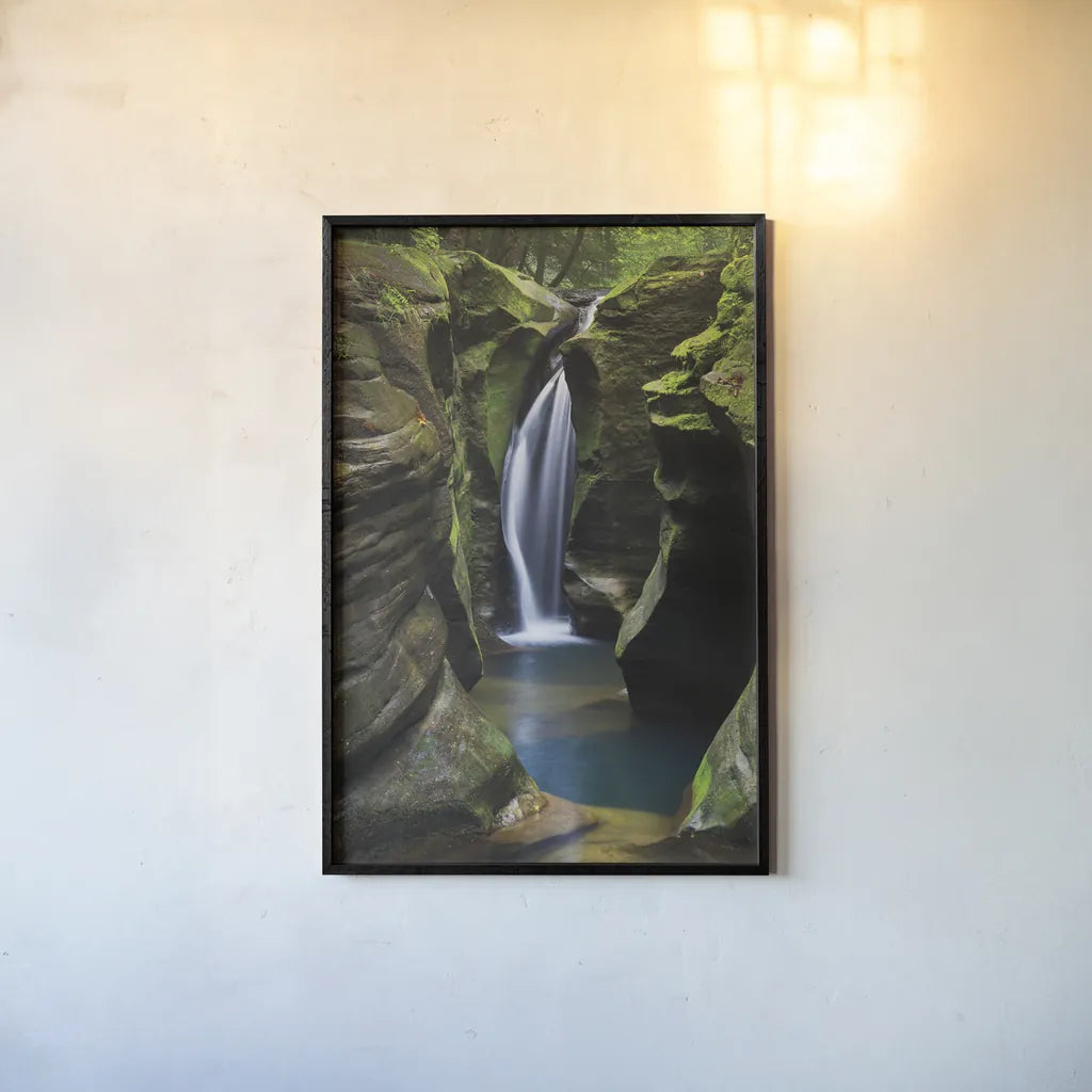 Corkscrew Falls Ohio by Alan Majchrowicz. shown as a paper print in a black flame. Available as a archival giclee rolled canvas, fine art paper, or poster print. SKU 50159h.