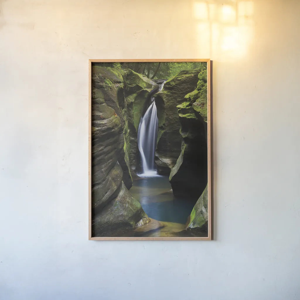 Corkscrew Falls Ohio by Alan Majchrowicz. shown as a paper print in a natural frame. Available as a archival giclee rolled canvas, fine art paper, or poster print. SKU 50159h.