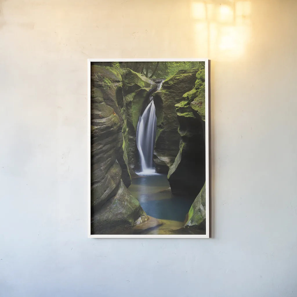 Corkscrew Falls Ohio by Alan Majchrowicz. shown as a paper print in a white frame. Available as a archival giclee rolled canvas, fine art paper, or poster print. SKU 50159h.