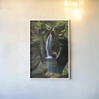Corkscrew Falls Ohio by Alan Majchrowicz. shown as a paper print in a white frame. Available as a archival giclee rolled canvas, fine art paper, or poster print. SKU 50159h.