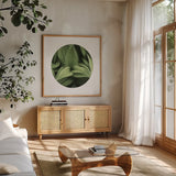Corn Lily Circle I by Alan Majchrowicz. Shown in a natural wood frame in a cozy modern living room. Available as an archival giclee rolled canvas, fine art paper, or poster print. SKU 66121a.