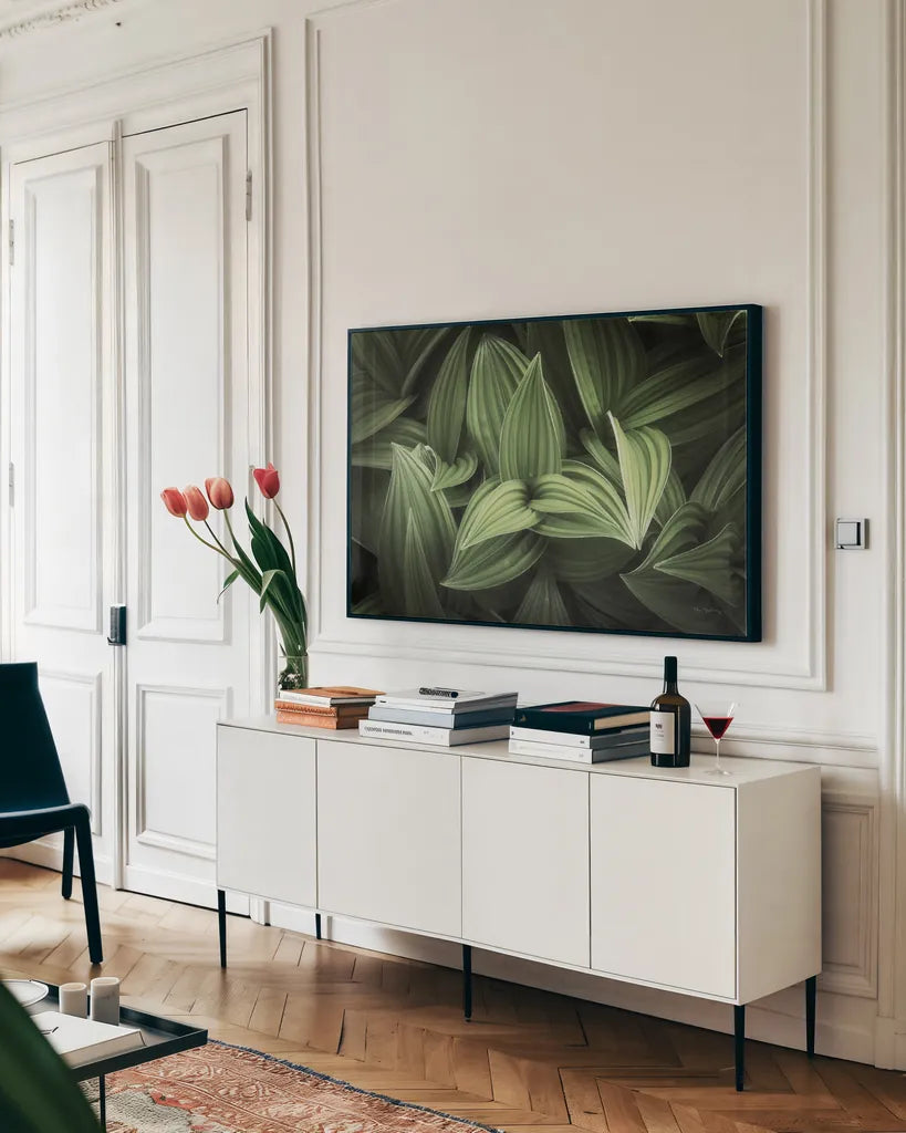 Corn Lily I by Alan Majchrowicz. shown as a framed stretched canvas in a living room above a console. Available as a archival giclee rolled canvas, fine art paper, or poster print. SKU 63243i.