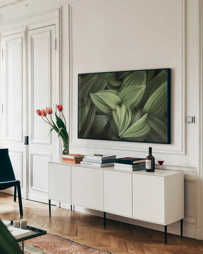 Corn Lily II by Alan Majchrowicz. shown as a framed stretched canvas in a living room above a console. Available as a archival giclee rolled canvas, fine art paper, or poster print. SKU 63244i.