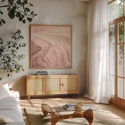 Coyote Buttes V Blush Crop by Alan Majchrowicz. Shown in a natural wood frame in a cozy modern living room. Available as an archival giclee rolled canvas, fine art paper, or poster print. SKU 53657a.