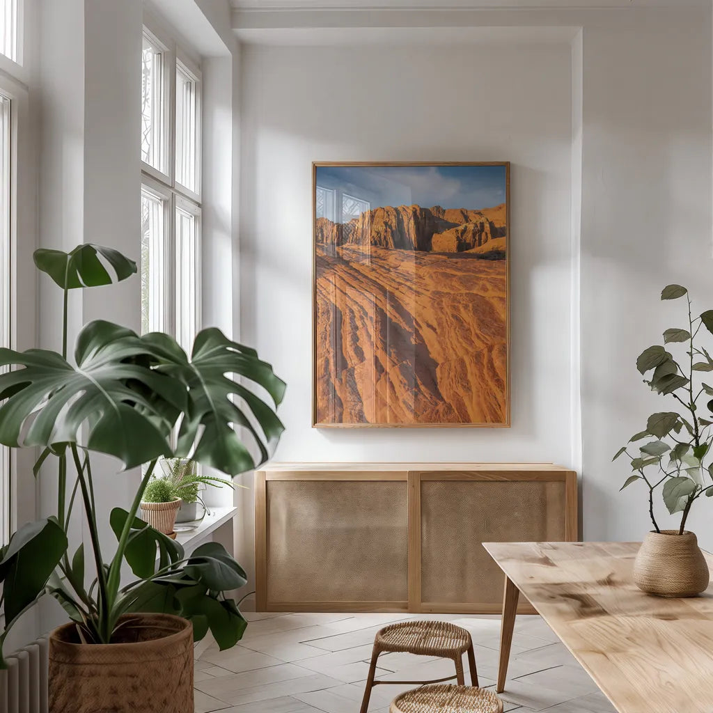 Cross Bed Sandstone by Alan Majchrowicz. shown as a print in a natural wood frame in a dining room. Available as a archival giclee rolled canvas, fine art paper, or poster print. SKU 84030h.