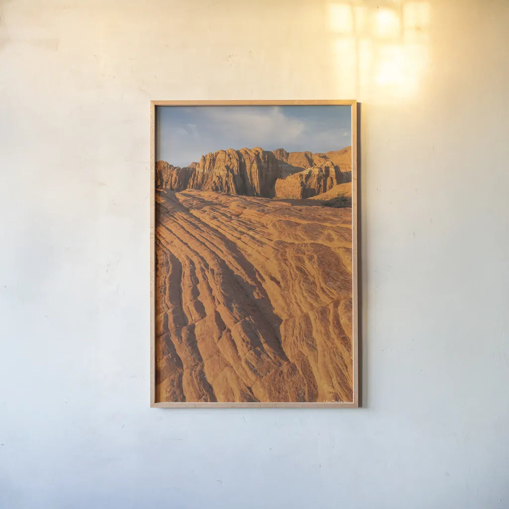 Cross Bed Sandstone by Alan Majchrowicz. shown as a paper print in a natural frame. Available as a archival giclee rolled canvas, fine art paper, or poster print. SKU 84030h.