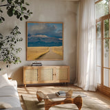 Crossroads in Color Crop by Alan Majchrowicz. Shown in a natural wood frame in a cozy modern living room. Available as an archival giclee rolled canvas, fine art paper, or poster print. SKU 15639a.