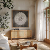 Dandelion Seedhead by Alan Majchrowicz. Shown in a natural wood frame in a cozy modern living room. Available as an archival giclee rolled canvas, fine art paper, or poster print. SKU 46215a.