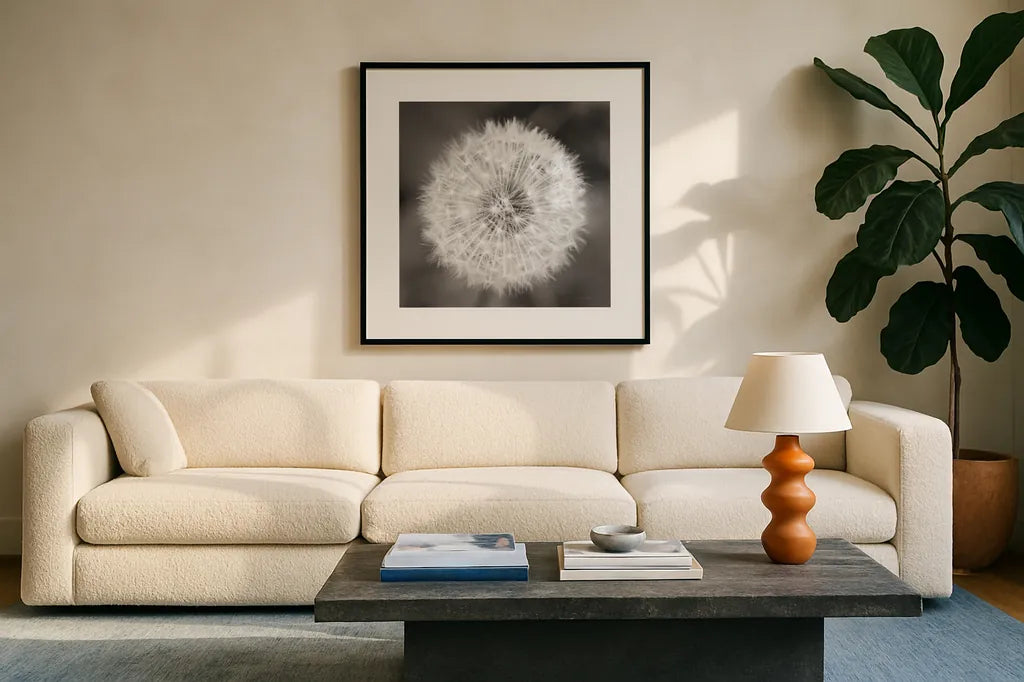 Dandelion Seedhead by Alan Majchrowicz. Displayed in a glass frame with matte in a clean modern living room. Available as an archival giclee rolled canvas, fine art paper, or poster print. SKU 46215a.
