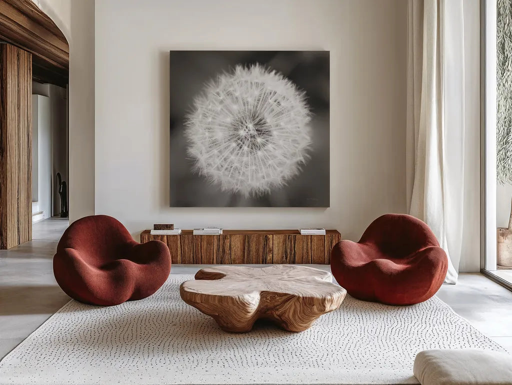 Dandelion Seedhead by Alan Majchrowicz. Shown as extra-large giant wall art in a modern living room. Available as an archival giclee rolled canvas, fine art paper, or poster print. SKU 46215a.