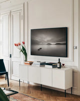 Deception Pass by Alan Majchrowicz. shown as a framed stretched canvas in a living room above a console. Available as a archival giclee rolled canvas, fine art paper, or poster print. SKU 88898i.