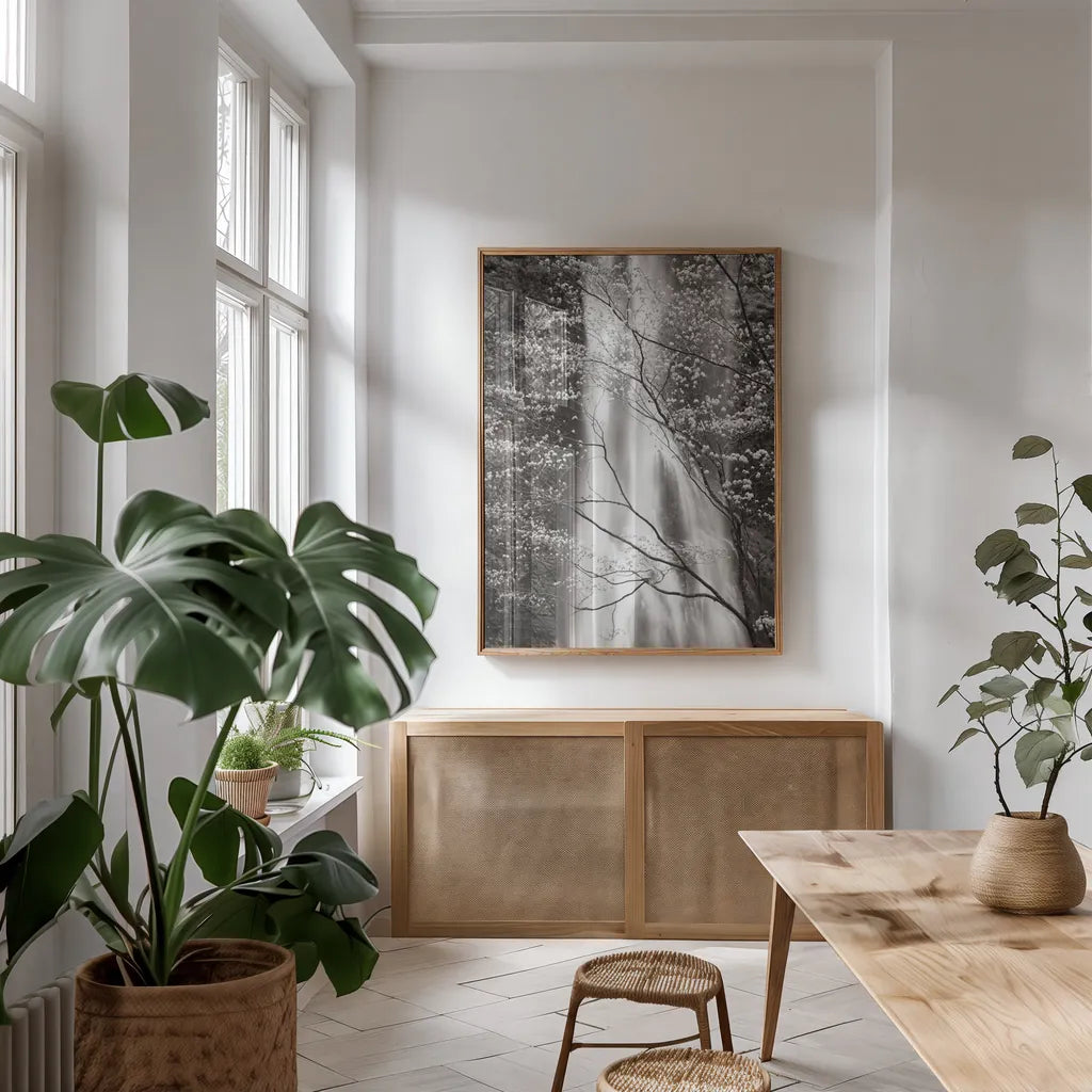 Double Falls I by Alan Majchrowicz. shown as a print in a natural wood frame in a dining room. Available as a archival giclee rolled canvas, fine art paper, or poster print. SKU 43961h.