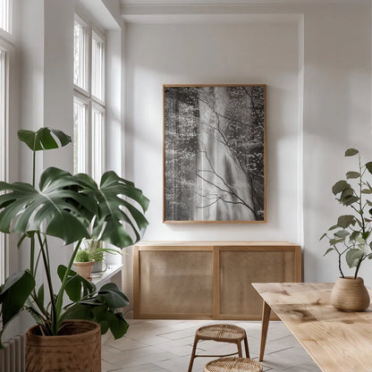 Double Falls I by Alan Majchrowicz. shown as a print in a natural wood frame in a dining room. Available as a archival giclee rolled canvas, fine art paper, or poster print. SKU 43961h.