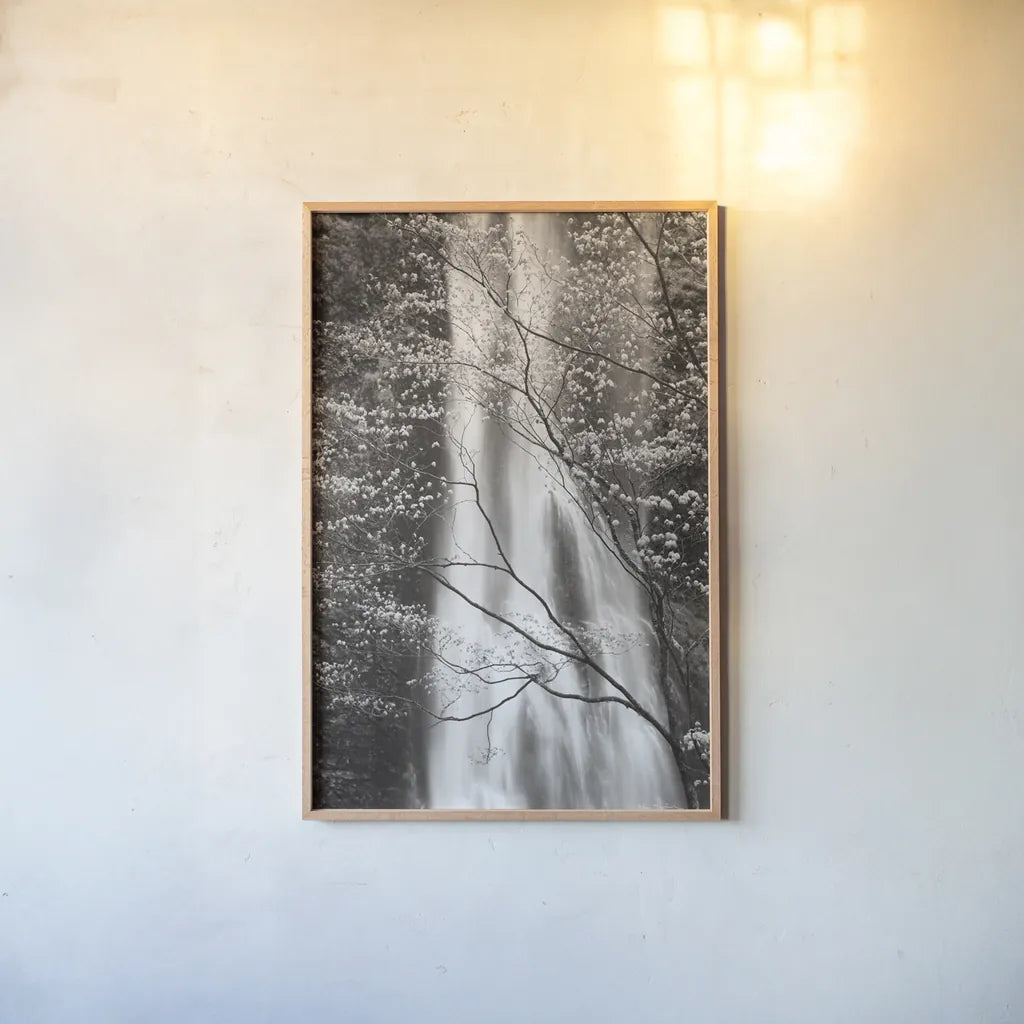 Double Falls I by Alan Majchrowicz. shown as a paper print in a natural frame. Available as a archival giclee rolled canvas, fine art paper, or poster print. SKU 43961h.