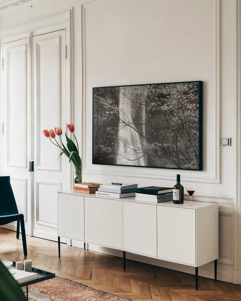 Double Falls II by Alan Majchrowicz. shown as a framed stretched canvas in a living room above a console. Available as a archival giclee rolled canvas, fine art paper, or poster print. SKU 12956i.