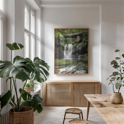 Elakala Falls West I by Alan Majchrowicz. shown as a print in a natural wood frame in a dining room. Available as a archival giclee rolled canvas, fine art paper, or poster print. SKU 50161h.