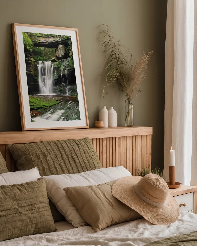 Elakala Falls West I by Alan Majchrowicz. shown as a paper print in a natural frame. Available as a archival giclee rolled canvas, fine art paper, or poster print. SKU 50161h.