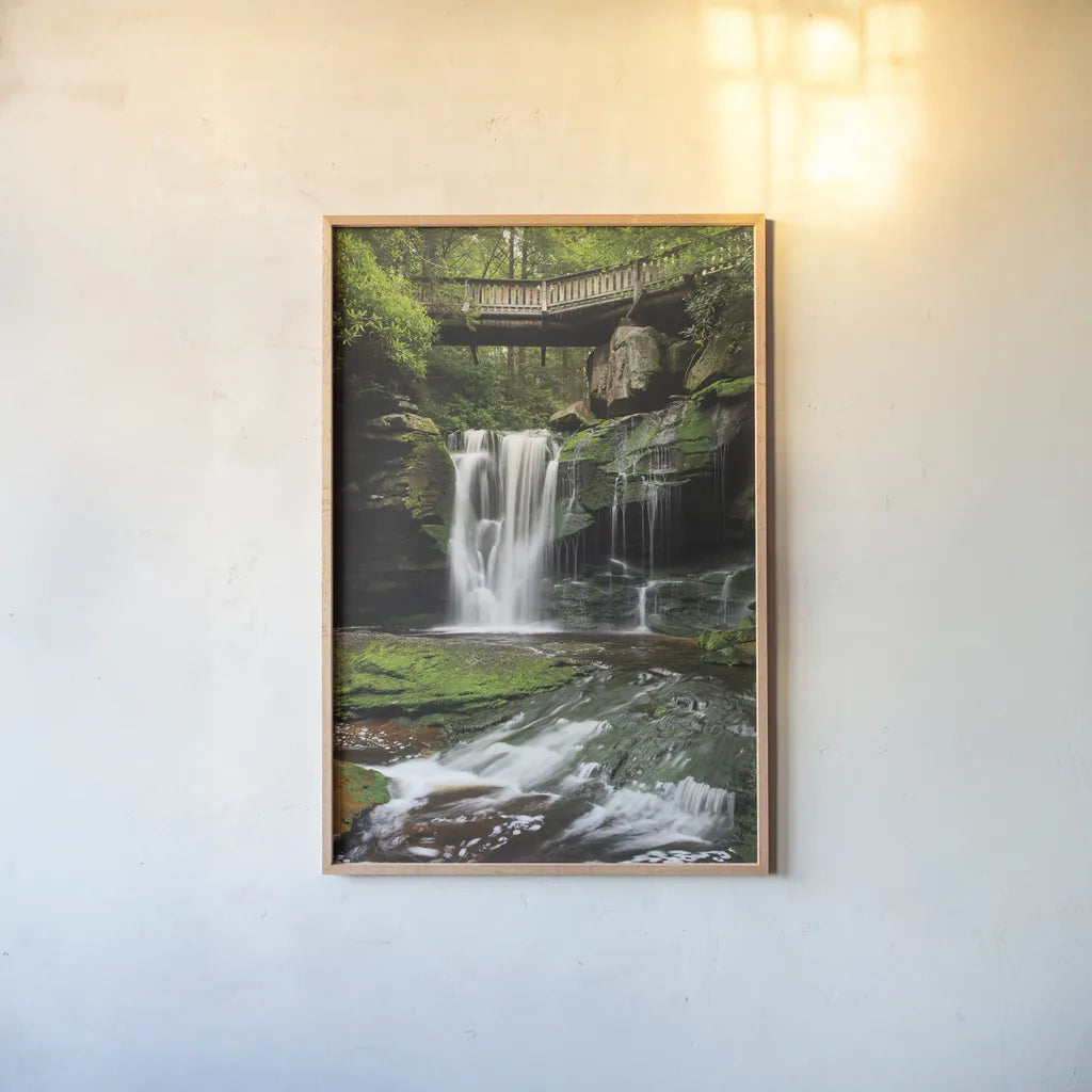 Elakala Falls West I by Alan Majchrowicz. shown as a paper print in a natural frame. Available as a archival giclee rolled canvas, fine art paper, or poster print. SKU 50161h.