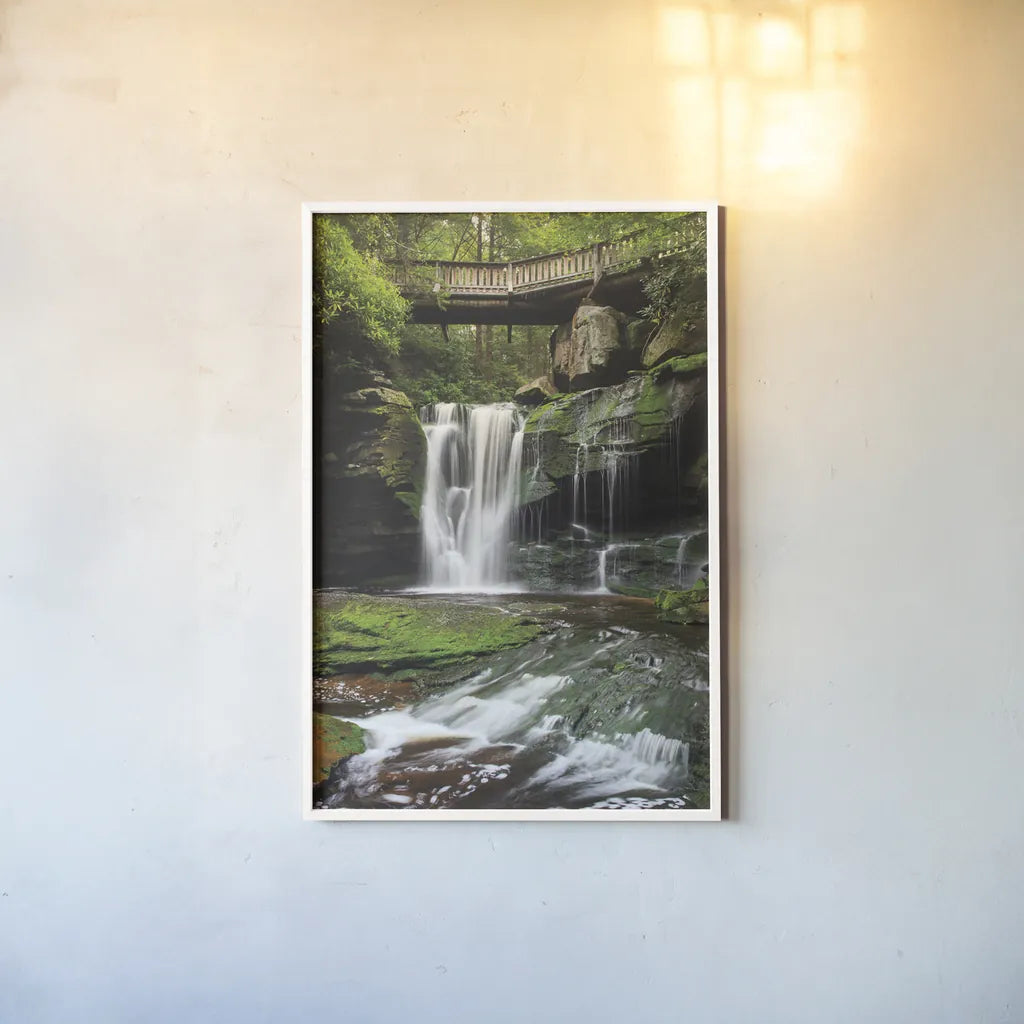 Elakala Falls West I by Alan Majchrowicz. shown as a paper print in a white frame. Available as a archival giclee rolled canvas, fine art paper, or poster print. SKU 50161h.