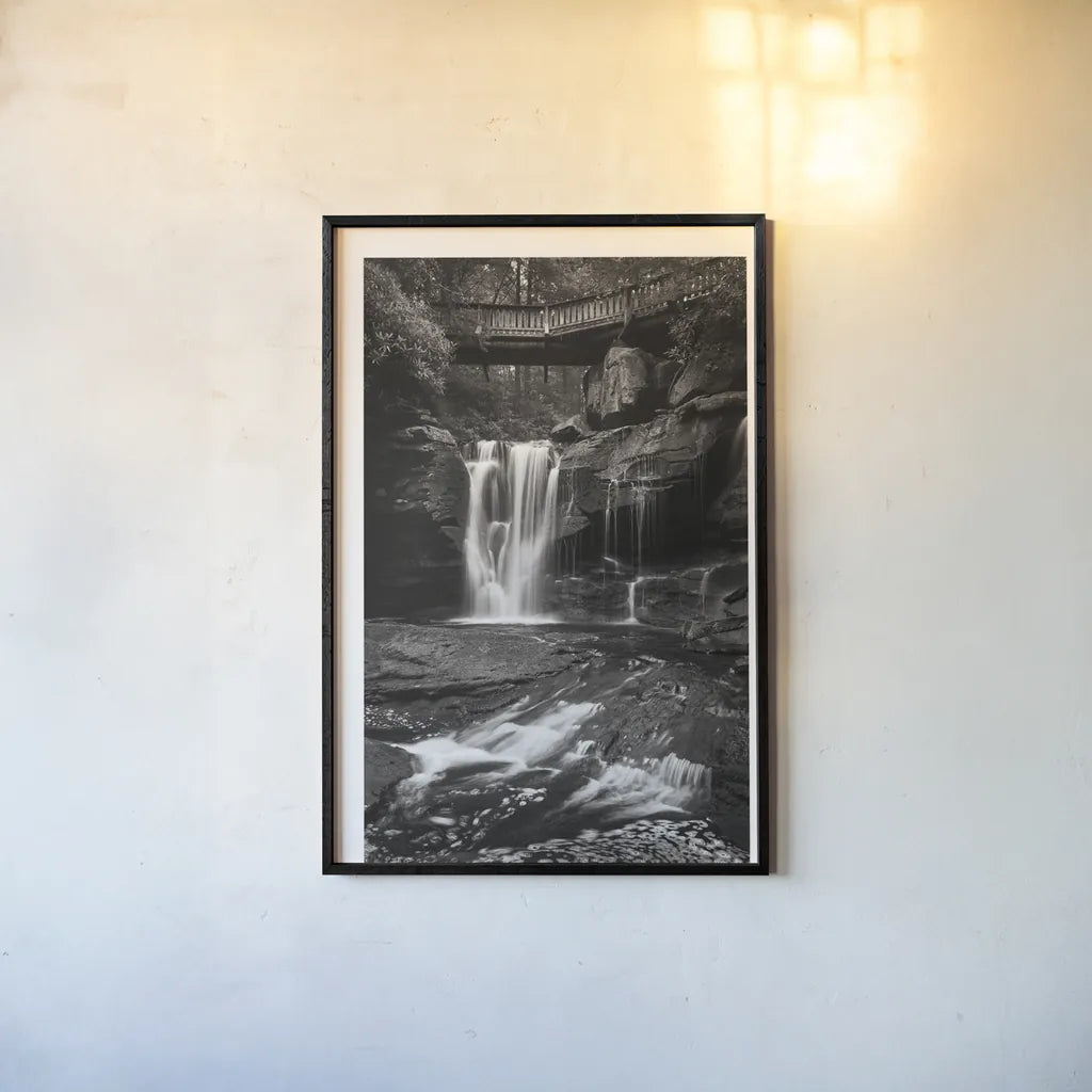 Elakala Falls West I BW by Alan Majchrowicz. shown as a paper print in a black flame. Available as a archival giclee rolled canvas, fine art paper, or poster print. SKU 50163h.