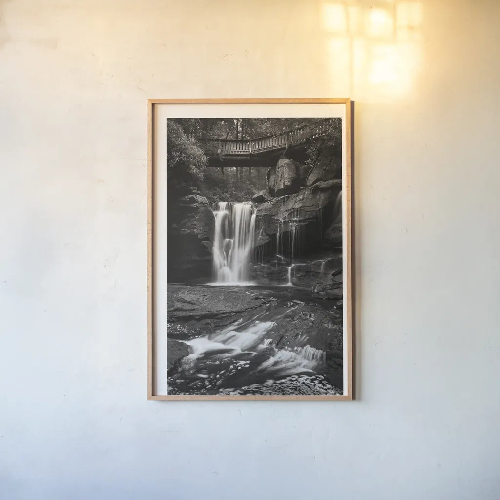 Elakala Falls West I BW by Alan Majchrowicz. shown as a paper print in a natural frame. Available as a archival giclee rolled canvas, fine art paper, or poster print. SKU 50163h.