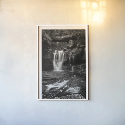 Elakala Falls West I BW by Alan Majchrowicz. shown as a paper print in a white frame. Available as a archival giclee rolled canvas, fine art paper, or poster print. SKU 50163h.
